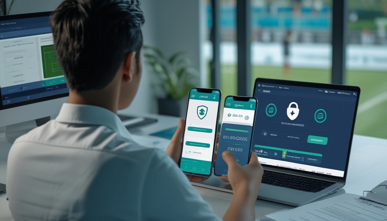 Seseorang membandingkan platform olahraga digital dan opsi pembayaran QRIS serta dompet elektronik di laptop dan ponsel.