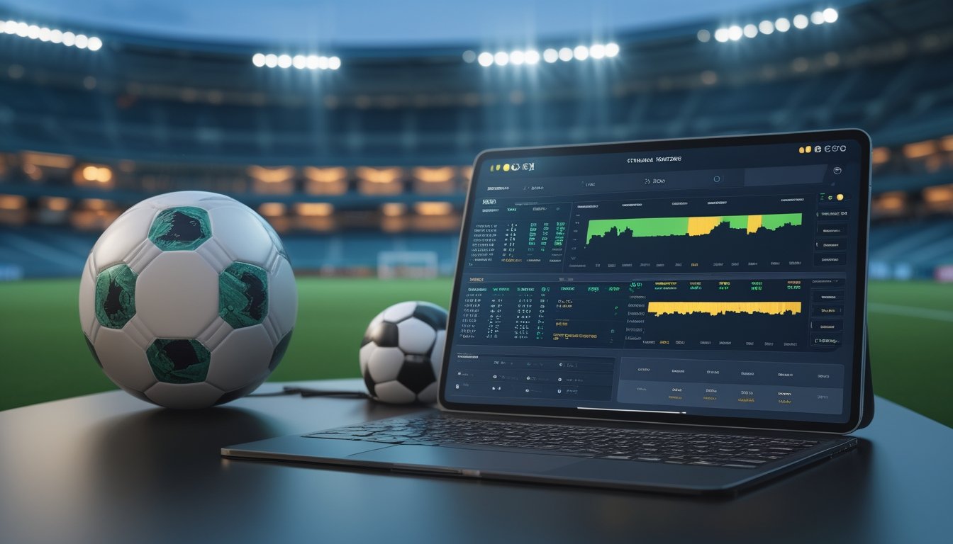 Bola sepak dan perangkat digital dengan analisis pertandingan di depan stadion yang diterangi lampu.