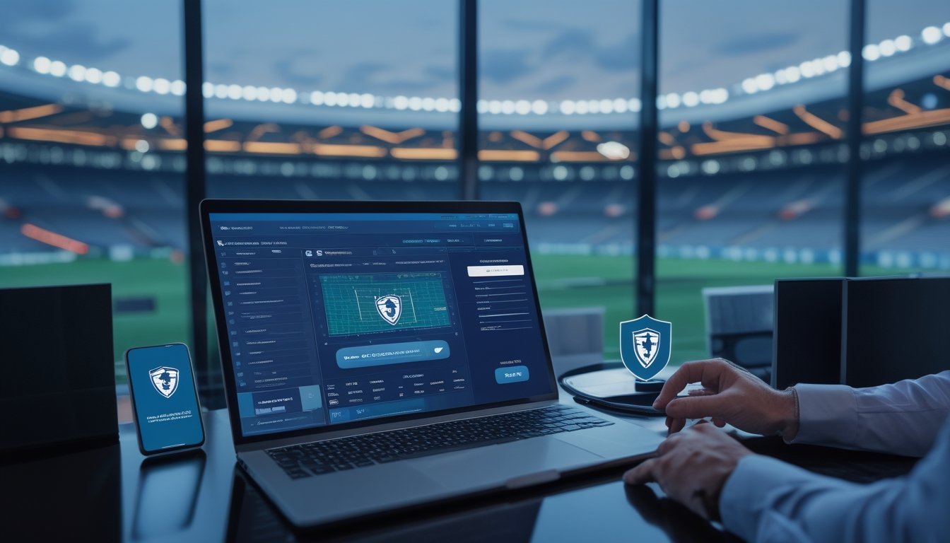 Tim profesional memeriksa keamanan platform olahraga di ruang kantor modern dengan stadion sepak bola terlihat di latar belakang.