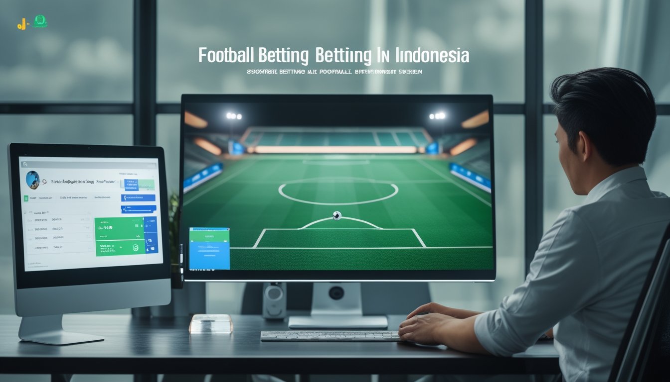 Seseorang menggunakan perangkat digital dengan tampilan pertandingan sepak bola di ruang kerja modern.