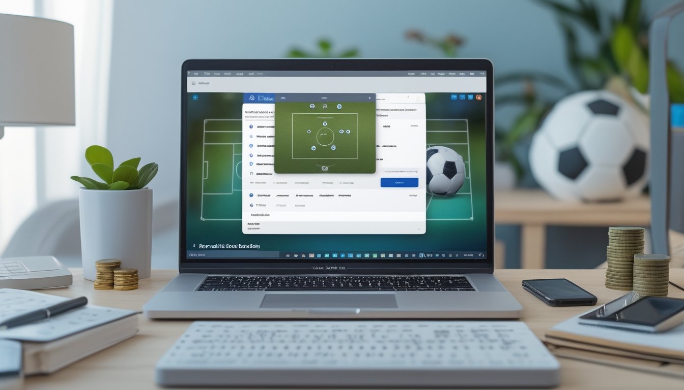 Laptop, ponsel, kalkulator, koin, dan bola sepak tertata di meja kerja.