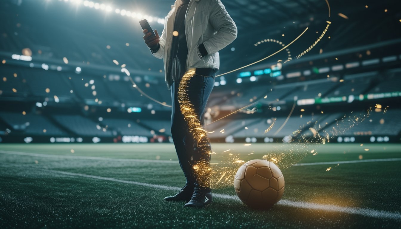 Penggemar sepak bola memegang ponsel di stadion yang terang dengan nuansa hadiah dan perayaan.