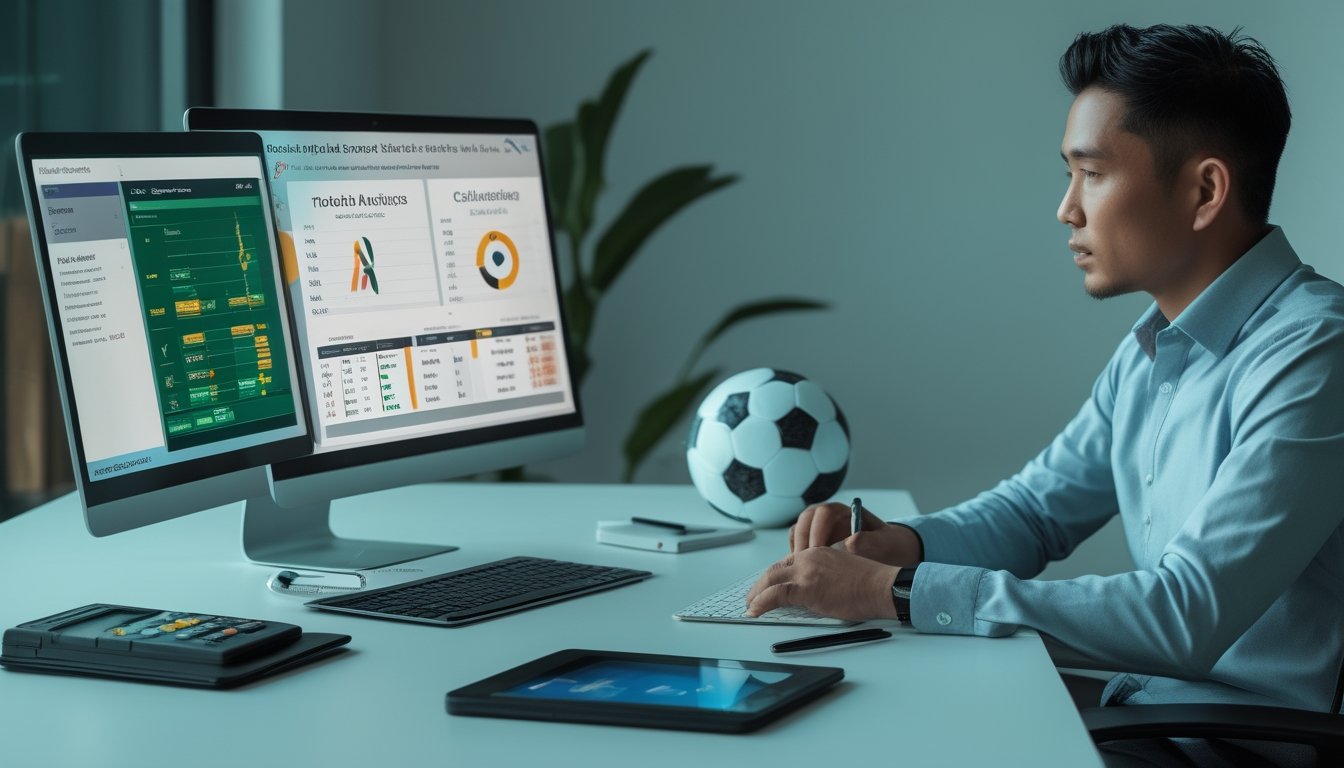 Seorang analis olahraga mempelajari statistik beberapa pertandingan sepak bola di meja kerja modern.