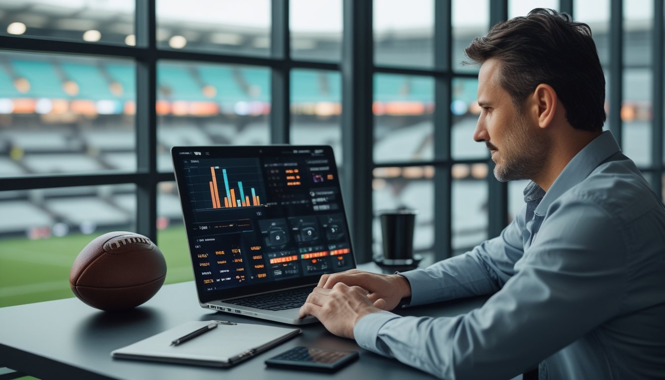 Seorang analis memeriksa data pertandingan sepak bola di meja kerja dengan stadion terlihat di latar belakang.