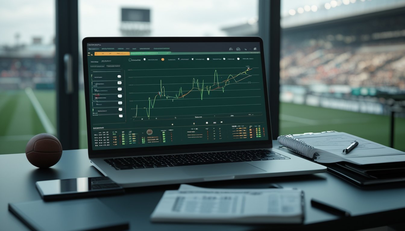 Meja kerja modern dengan laptop berisi grafik analisis sepak bola, bola, catatan, dan latar stadion yang buram.