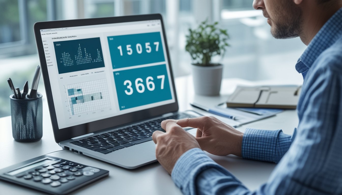 Seorang analis memeriksa pola angka tiga digit di meja kerja dengan laptop, kalkulator, dan catatan.