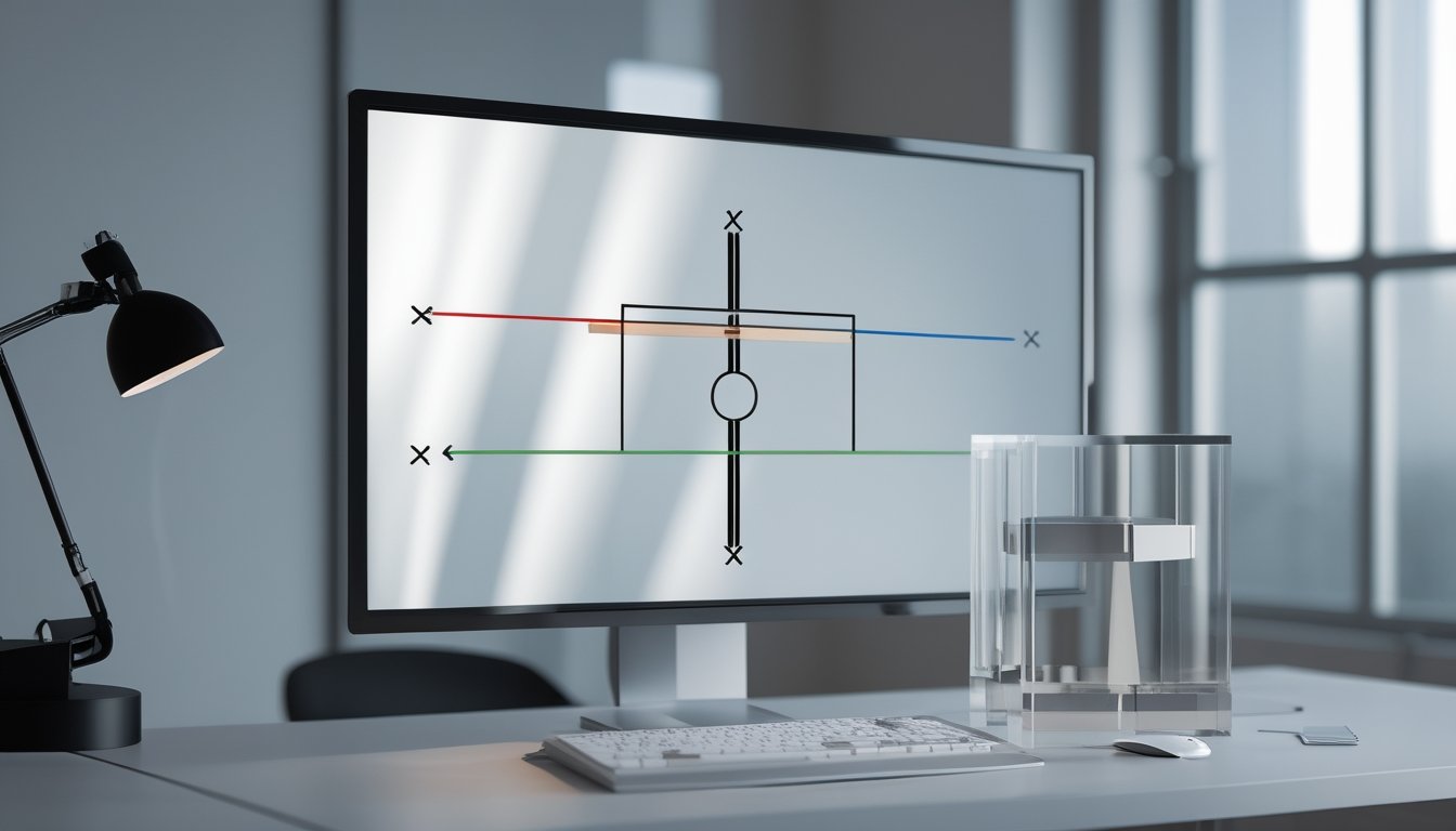 Tampilan meja kerja dengan visualisasi tiga sumbu koordinat dan model objek tiga dimensi.