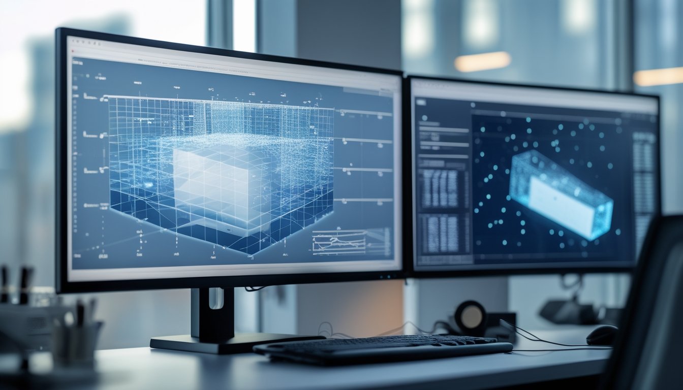 Visualisasi tiga dimensi abstrak dengan titik dan permukaan data bercahaya pada monitor di ruang penelitian modern.