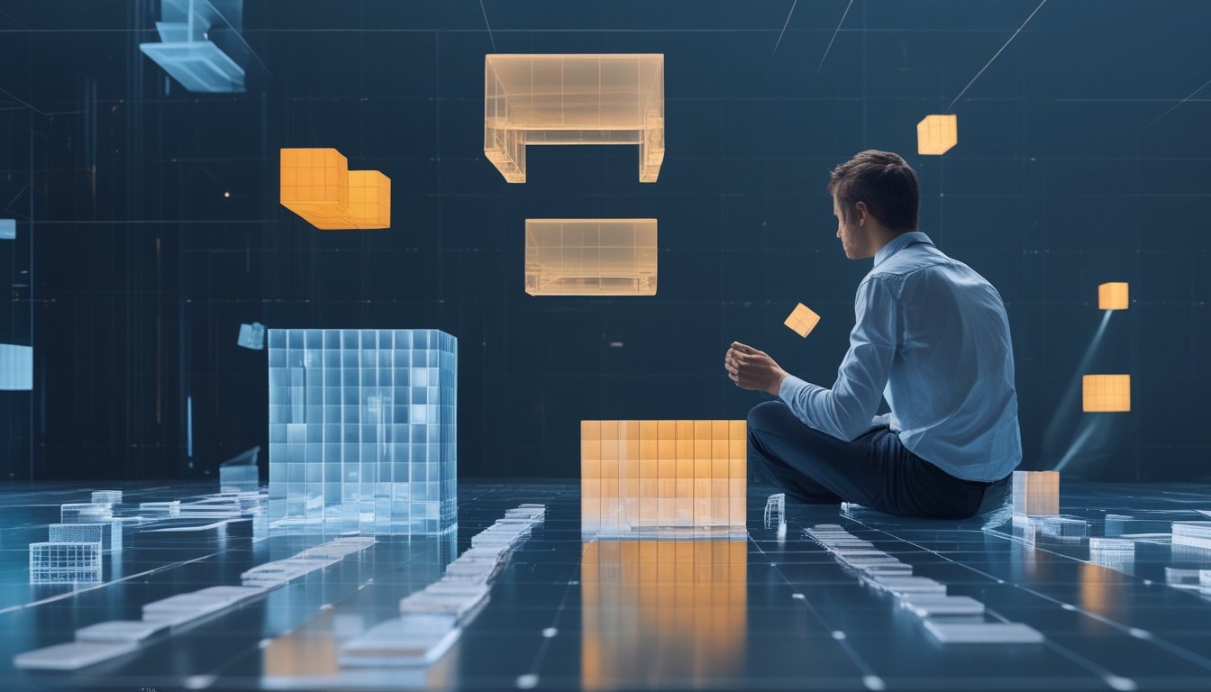 Seorang analis mengamati pola geometris datar dan struktur tiga dimensi yang kompleks dalam ruang analitis modern.