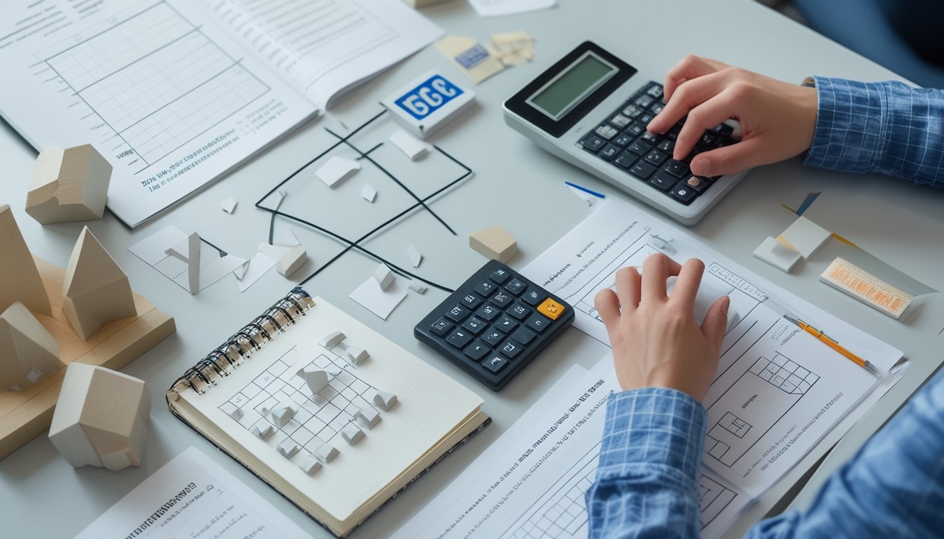 Seorang pemula memeriksa grafik angka tiga dimensi dan catatan perhitungan yang penuh koreksi di meja belajar.