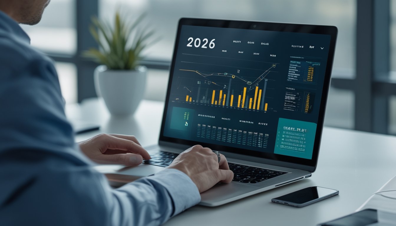 Seseorang menggunakan ponsel dan laptop untuk melihat dasbor analisis angka dan grafik statistik.