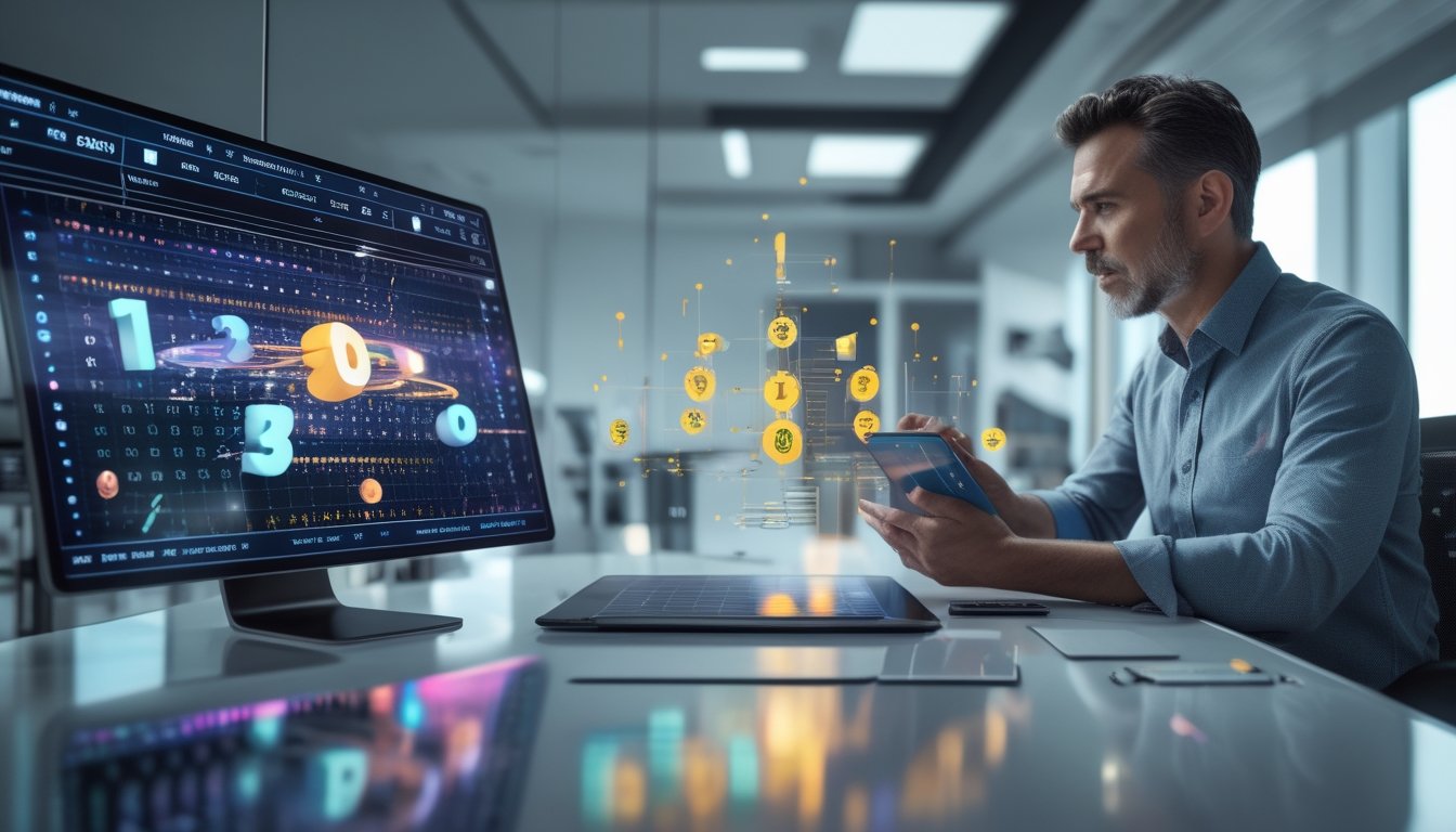 Seseorang menganalisis visualisasi data tiga dimensi pada perangkat digital di ruang kerja modern.