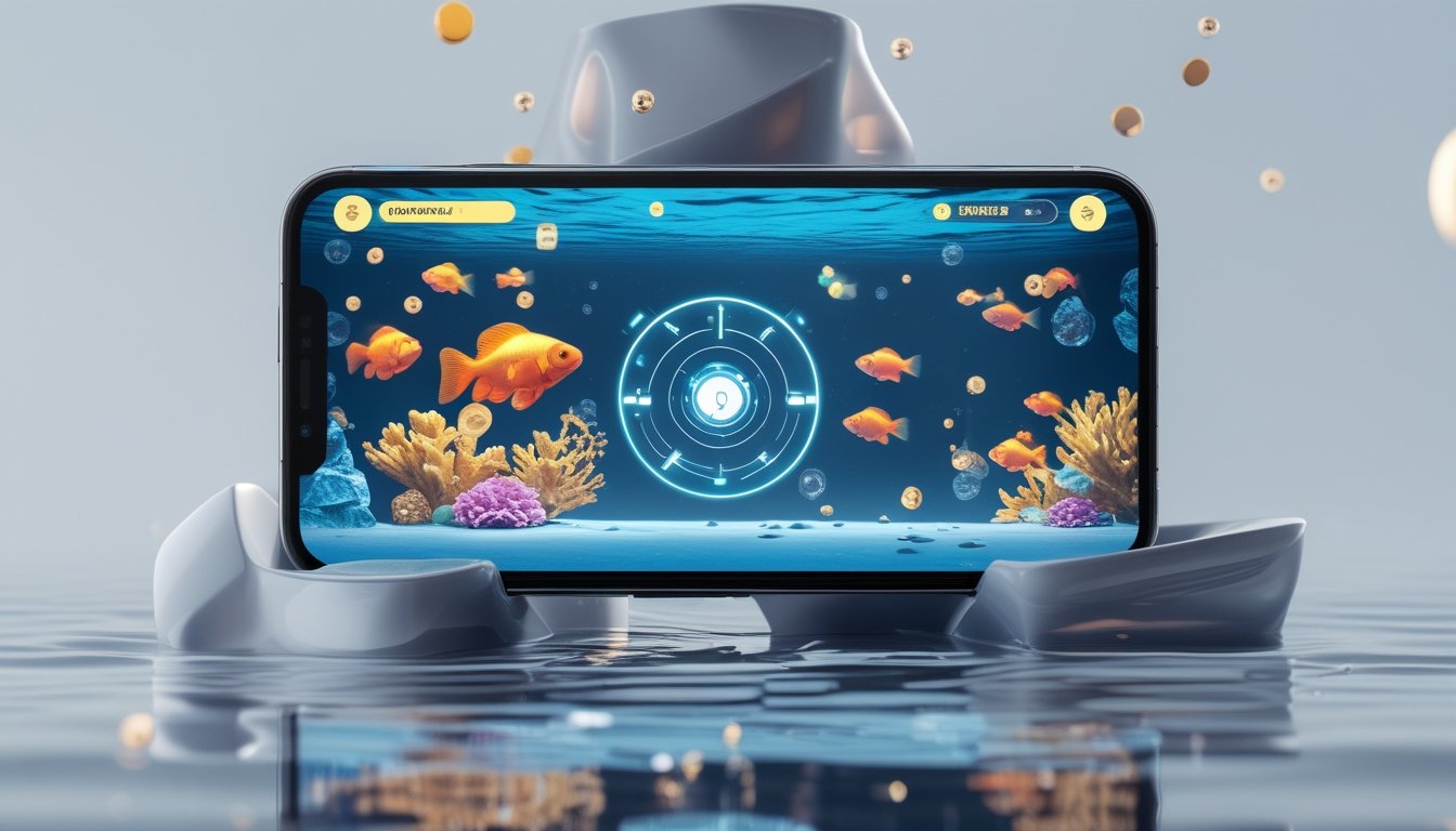 Ponsel menampilkan permainan menembak ikan goldfish di lingkungan bawah laut berwarna-warni.
