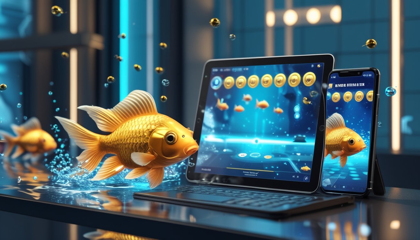 Ikan mas berenang di air bercahaya di dekat perangkat digital dengan tampilan permainan bawah air.