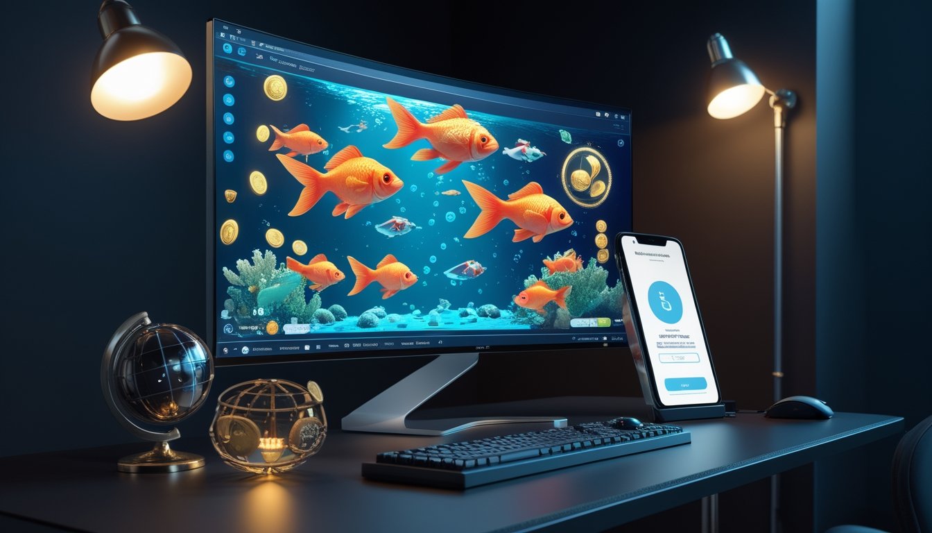 Peralatan permainan digital menampilkan suasana bawah laut dengan ikan mas berwarna-warni, ditemani ponsel dan ornamen globe.