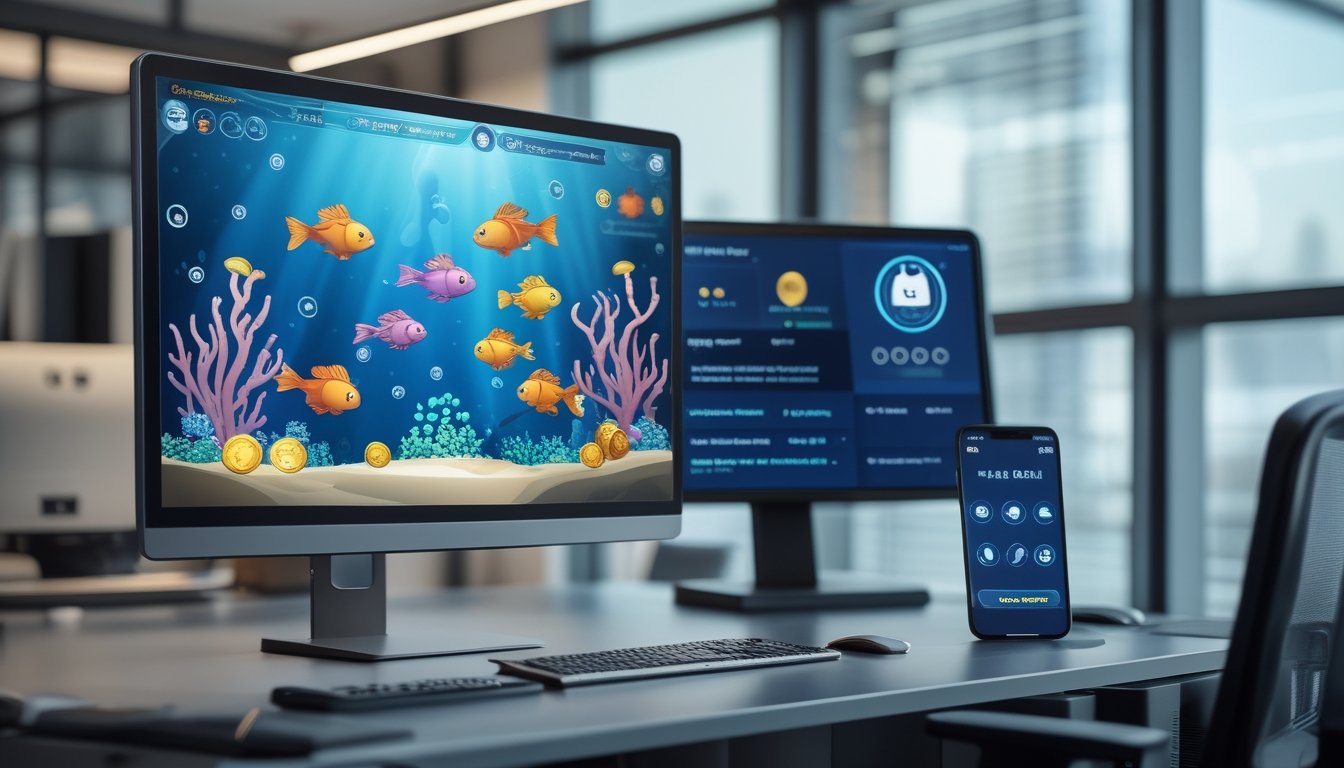 Meja kerja modern dengan monitor yang menampilkan permainan ikan bergaya arkade dan elemen teknologi server internasional.