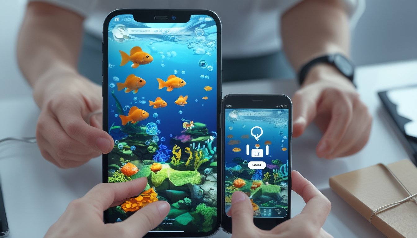 Tangan seseorang memasang gim memancing ikan berwarna-warni pada dua ponsel pintar di atas meja.