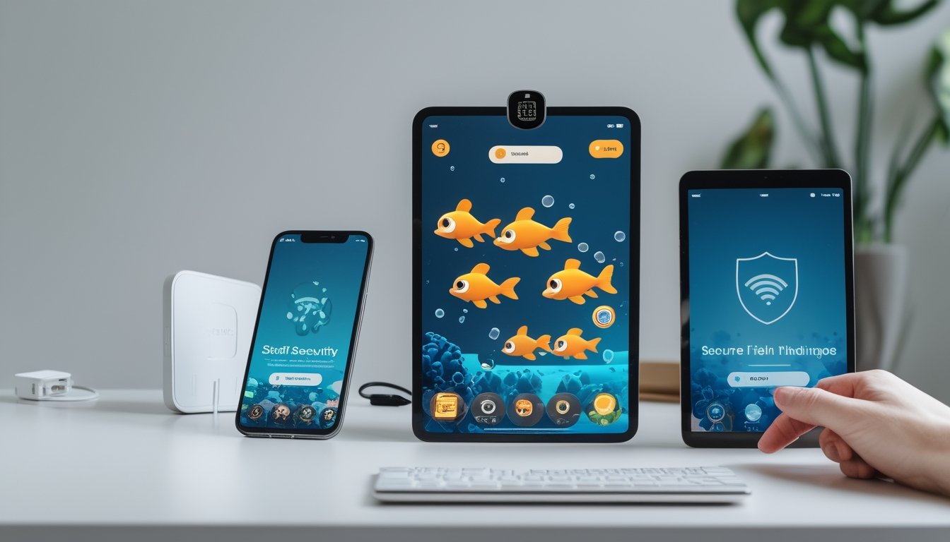 Ponsel dan tablet menampilkan permainan ikan berwarna-warni di meja kerja dengan simbol keamanan dan perangkat jaringan di sekitarnya.