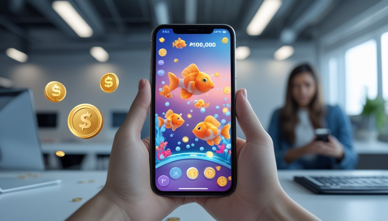 Seseorang menggunakan ponsel untuk memainkan permainan ikan berwarna-warni dengan simbol dompet digital di sampingnya.