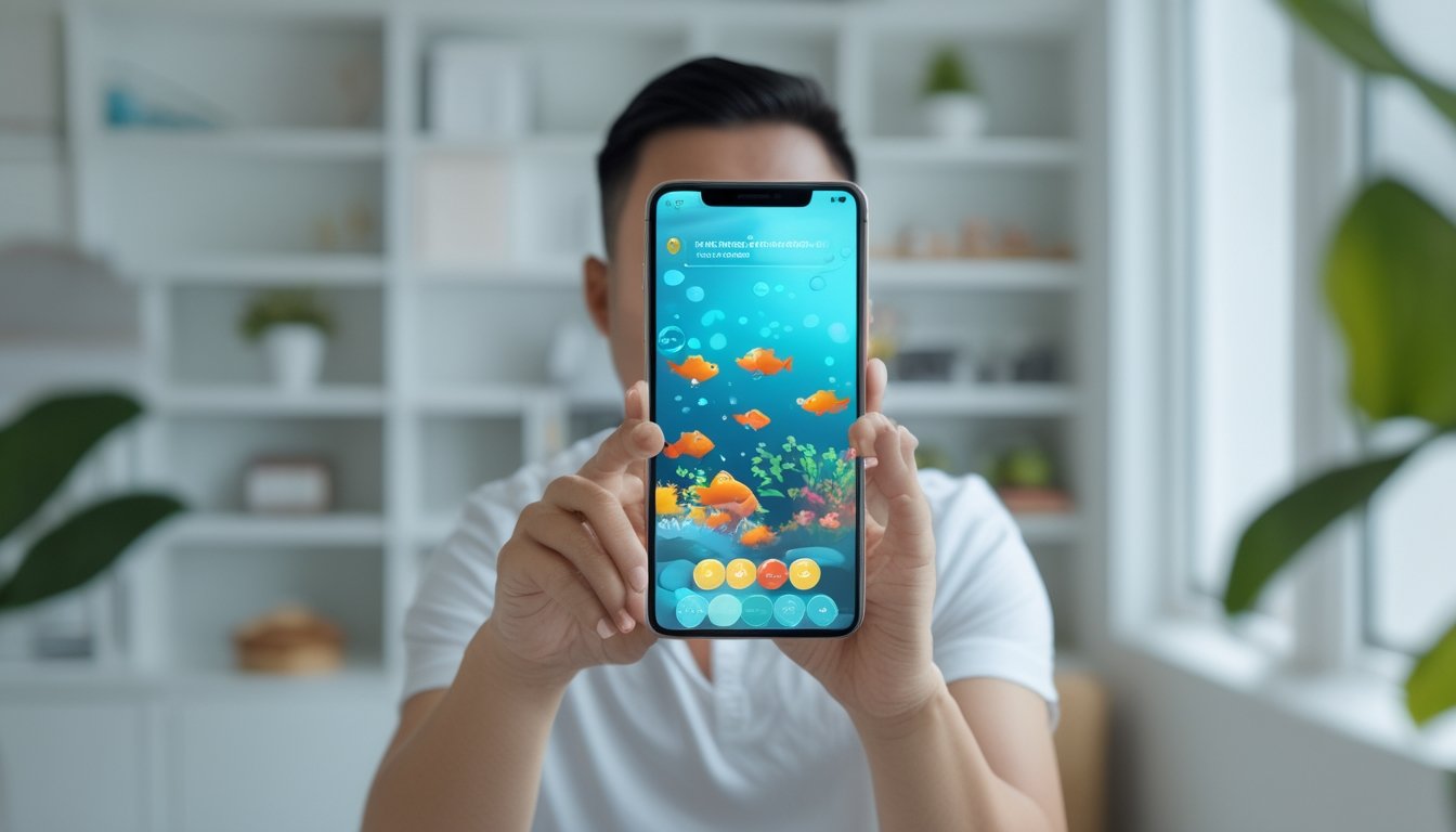 Seseorang menggunakan ponsel untuk memainkan permainan ikan dengan simbol keamanan digital di sekitarnya.