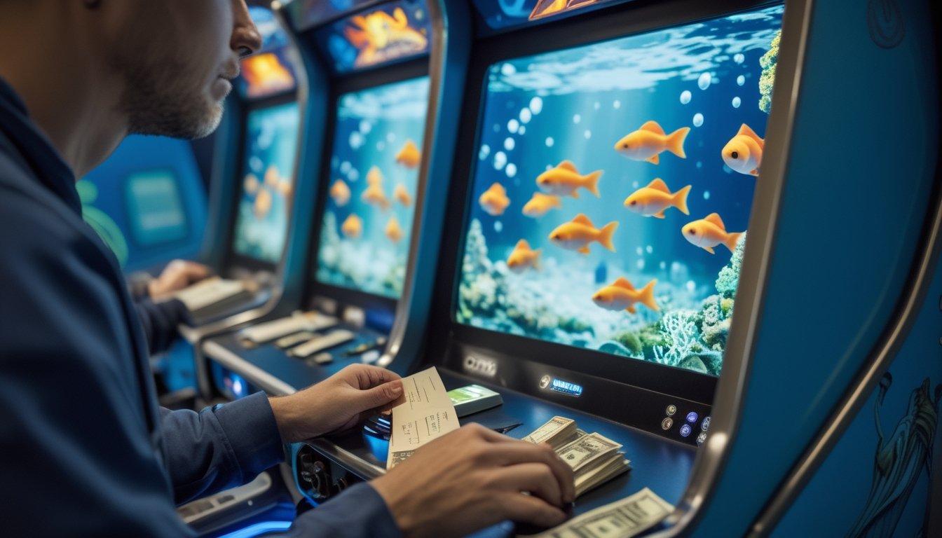 Seorang pemain mengatur uang dan token dengan hati-hati saat bermain mesin tembak ikan bertema goldfish di arena permainan.