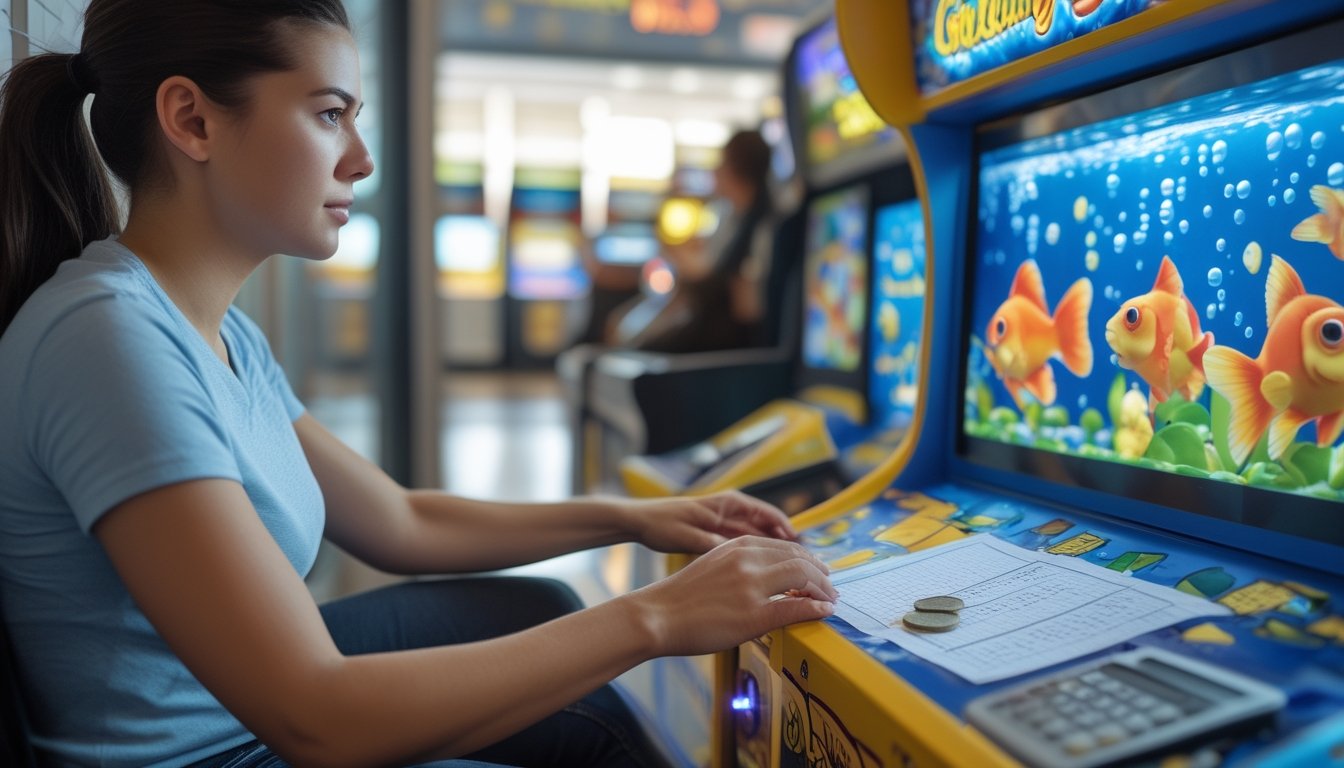 Seorang pemain mengatur uang terbatas dengan tenang saat bermain mesin arcade bertema ikan mas.