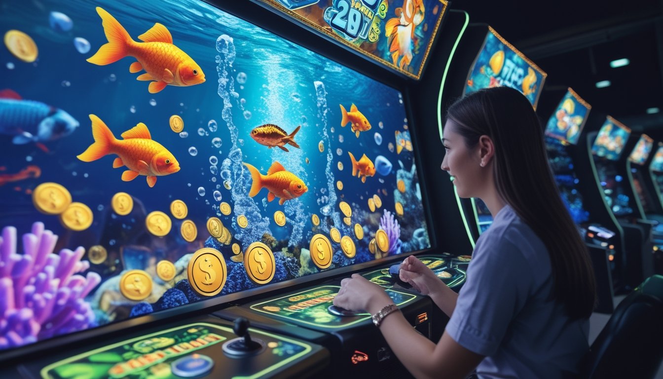 Seorang pemain menggunakan mesin permainan arcade bertema bawah laut dengan ikan emas, koin berkilau, dan ikon bonus di layar.