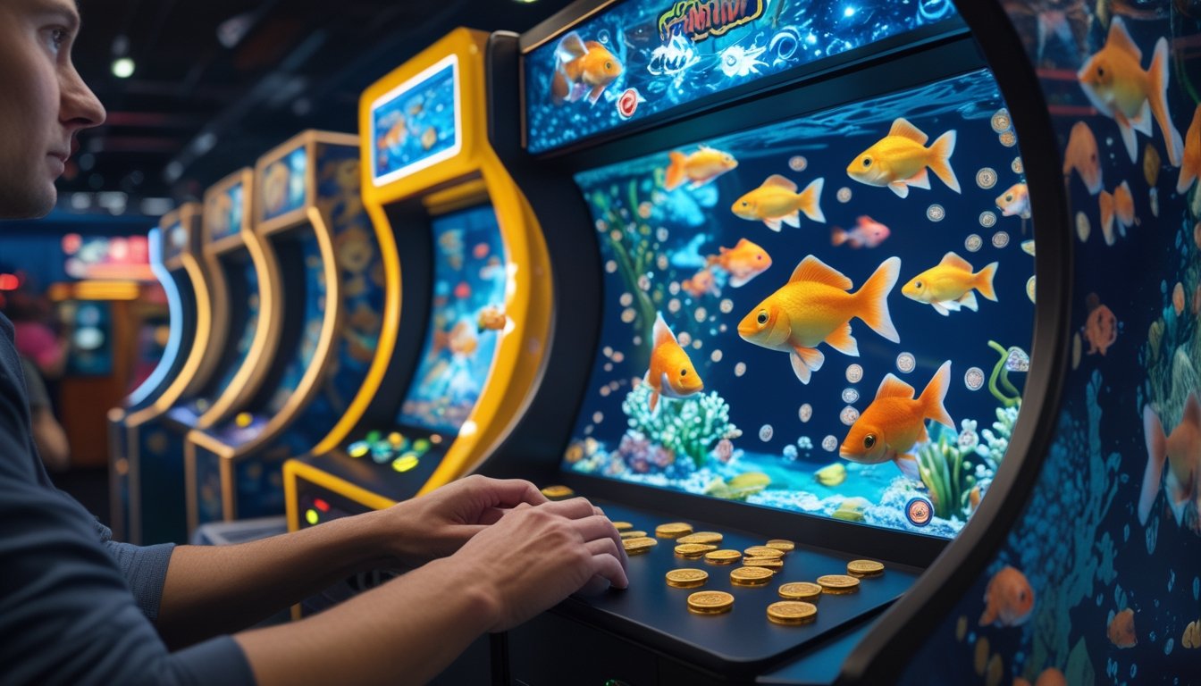 Seseorang memainkan mesin permainan tembak ikan bertema ikan mas dengan beberapa token tersusun di konsol.