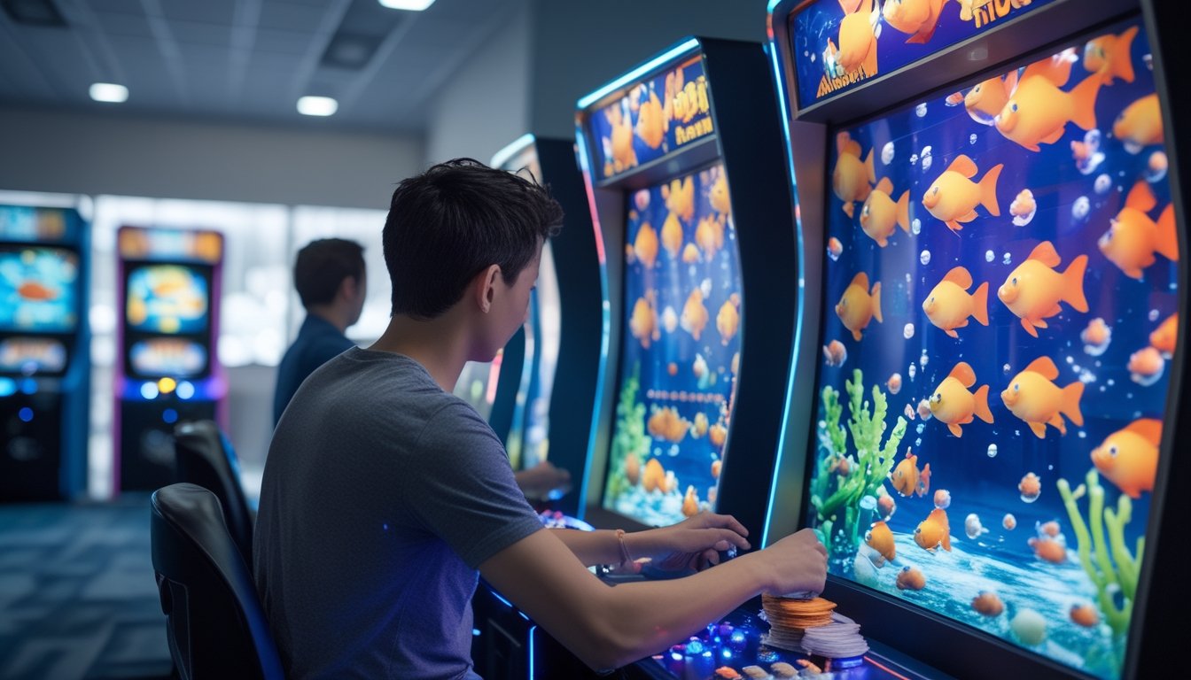 Seseorang bermain permainan tembak ikan bertema goldfish di pusat hiburan dengan suasana penuh warna.