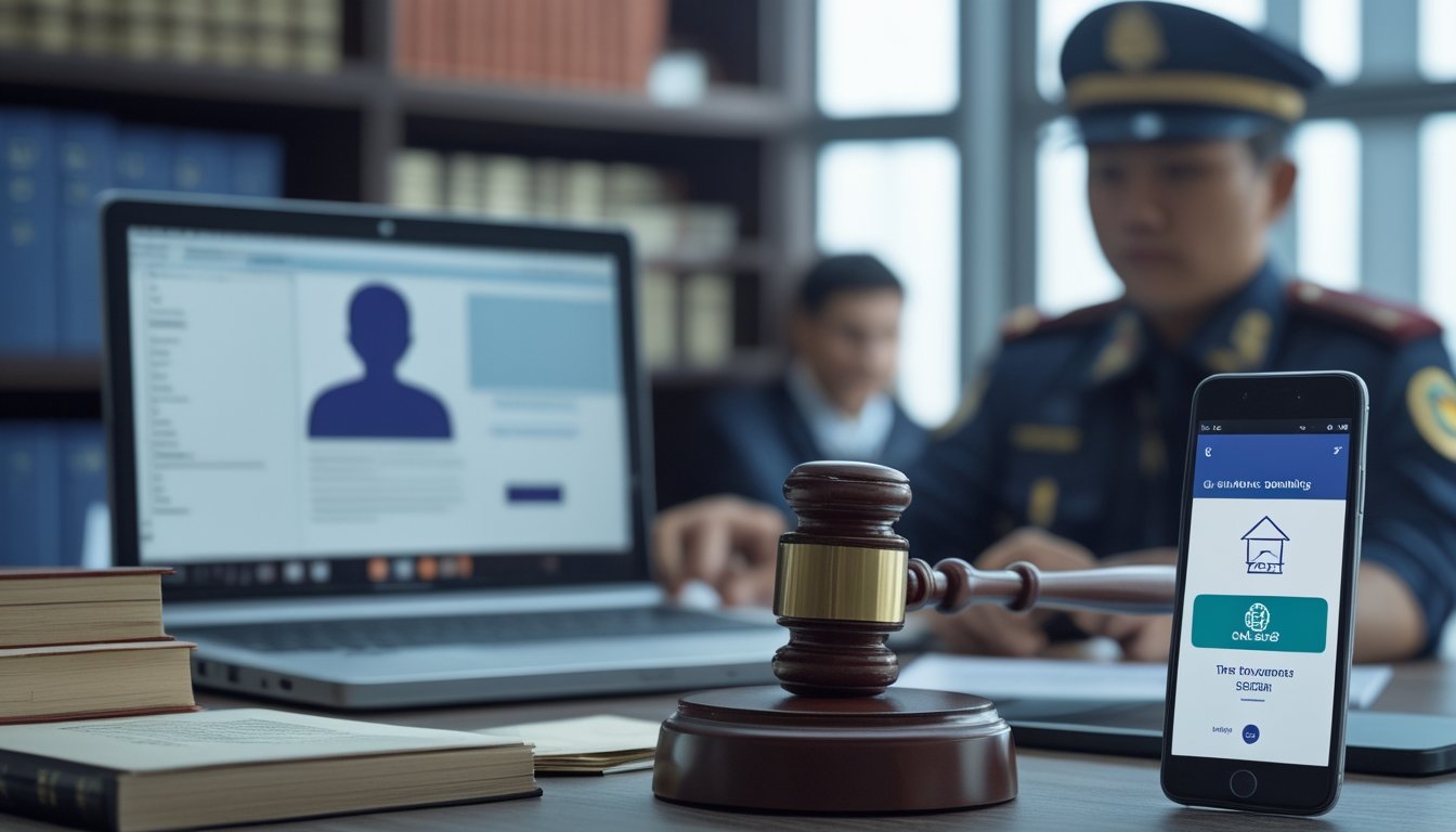Petugas hukum memeriksa bukti digital terkait promosi judi online di samping palu hakim dan dokumen hukum.