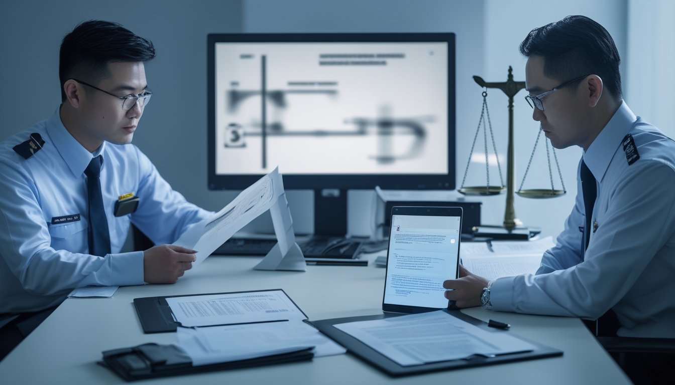 Petugas penegak hukum dan ahli hukum memeriksa bukti digital terkait promosi judi online di sebuah kantor.