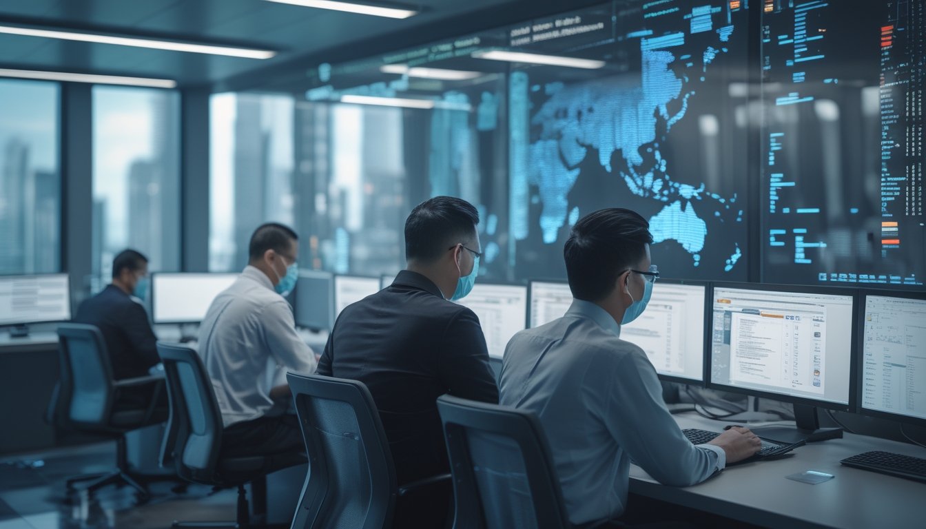 Petugas pemerintah dan perbankan Indonesia memantau transaksi digital mencurigakan di ruang operasi keamanan siber.