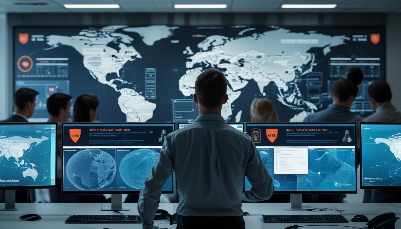 Analis keamanan siber memantau jaringan server global dan peringatan ancaman di pusat operasi modern.
