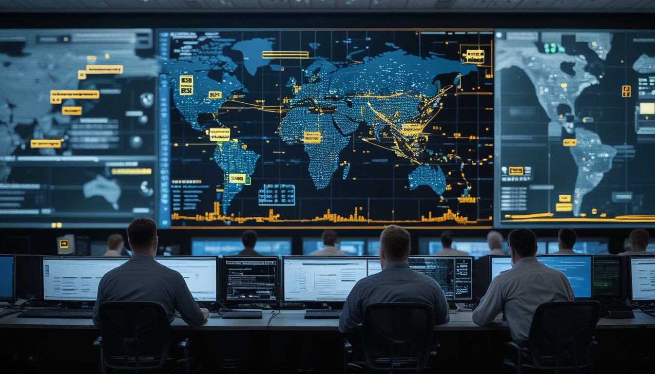 Analis keamanan siber memantau jaringan server global dan indikator ancaman di pusat operasi modern.