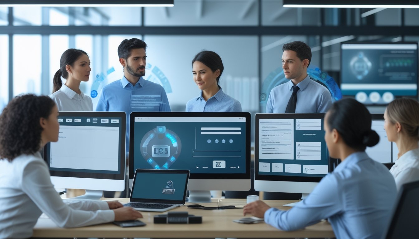 Tim profesional meninjau keamanan dan perlindungan konsumen pada platform digital di kantor modern.