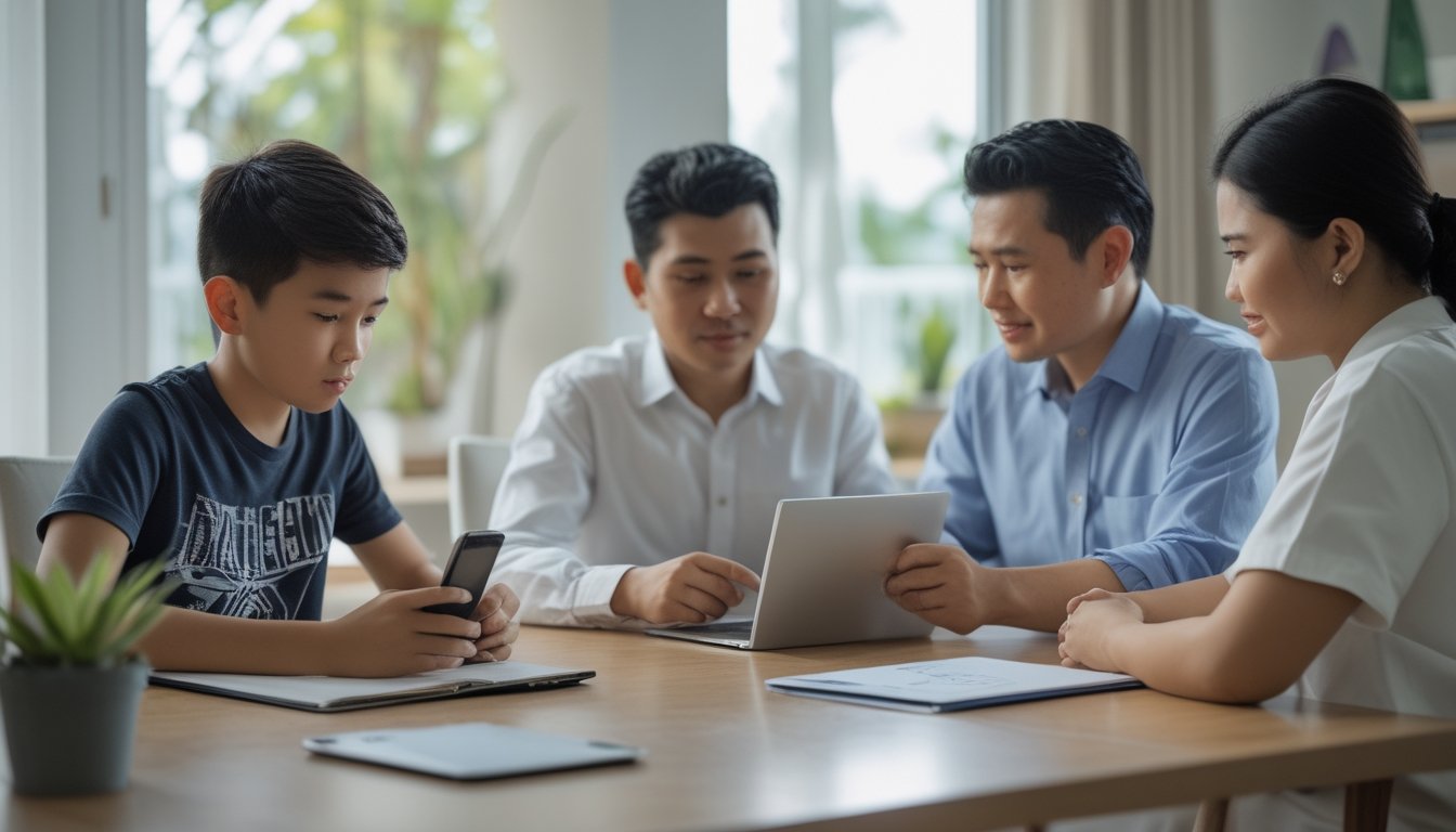 Seorang remaja dan orang tuanya berdiskusi bersama konselor untuk mengatasi kecanduan judi online.