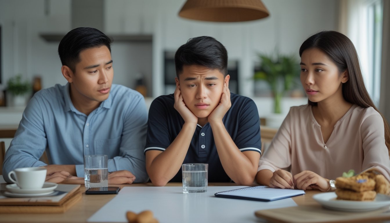 Remaja berbicara dengan orang tuanya dalam suasana rumah yang tenang, sementara ponsel diletakkan menghadap ke bawah di atas meja.