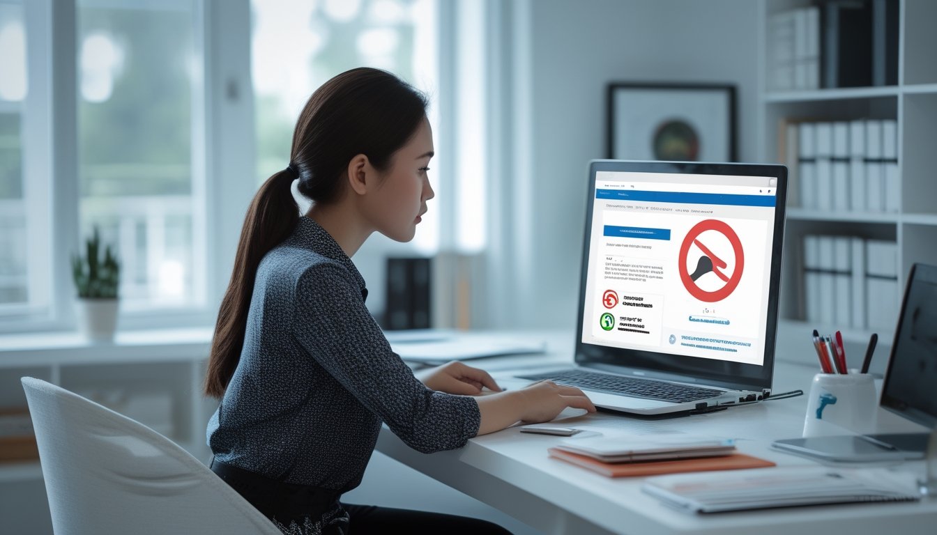 Seorang warga Indonesia melaporkan situs judi online melalui laptop di ruang kerja yang rapi.