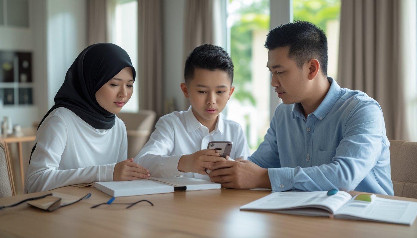 Orang tua mendampingi anak remaja berdiskusi tentang penggunaan internet secara aman di rumah.