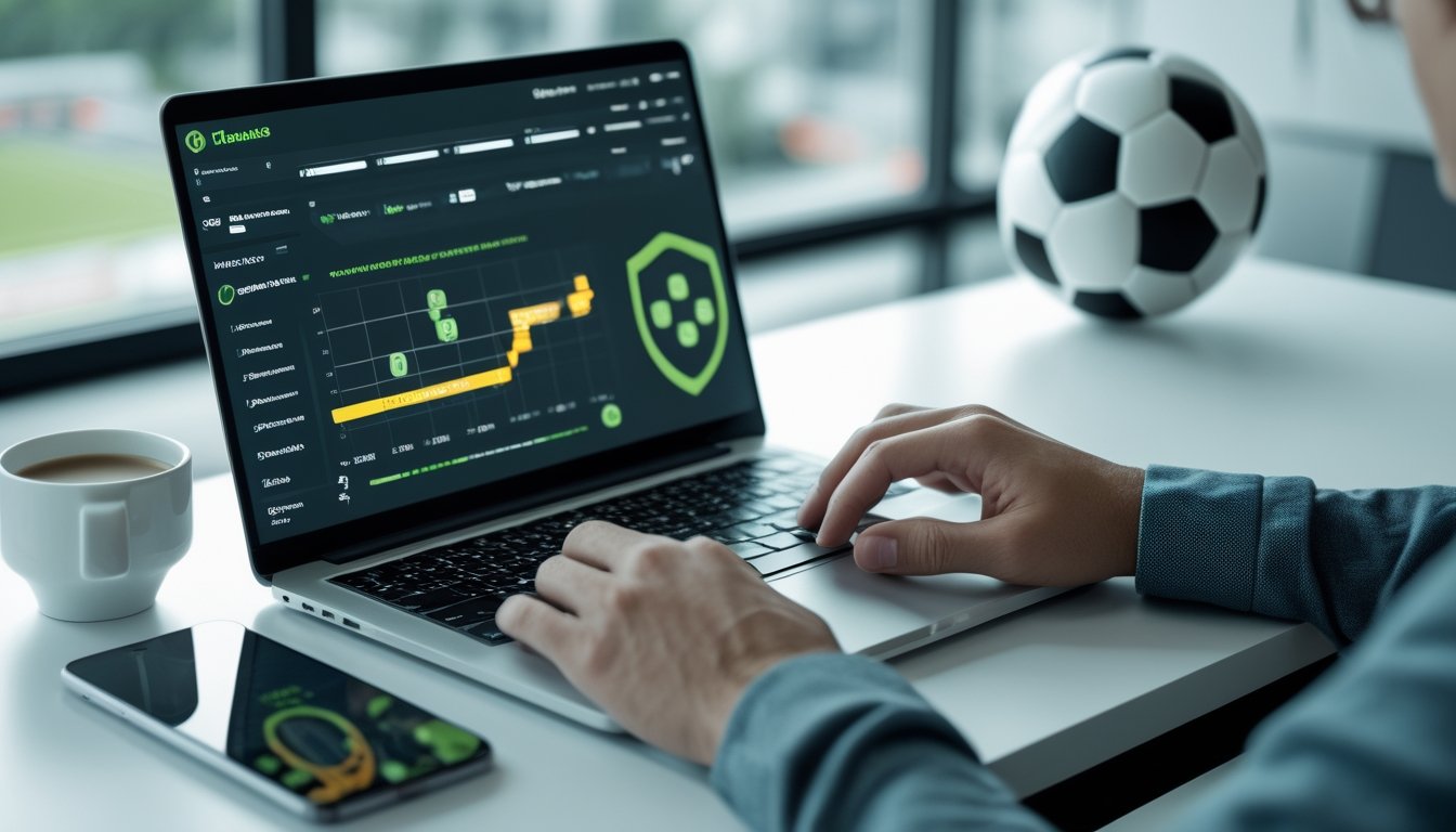 Meja kerja modern dengan bola sepak, laptop, dan ponsel yang menampilkan analisis pertandingan sepak bola.