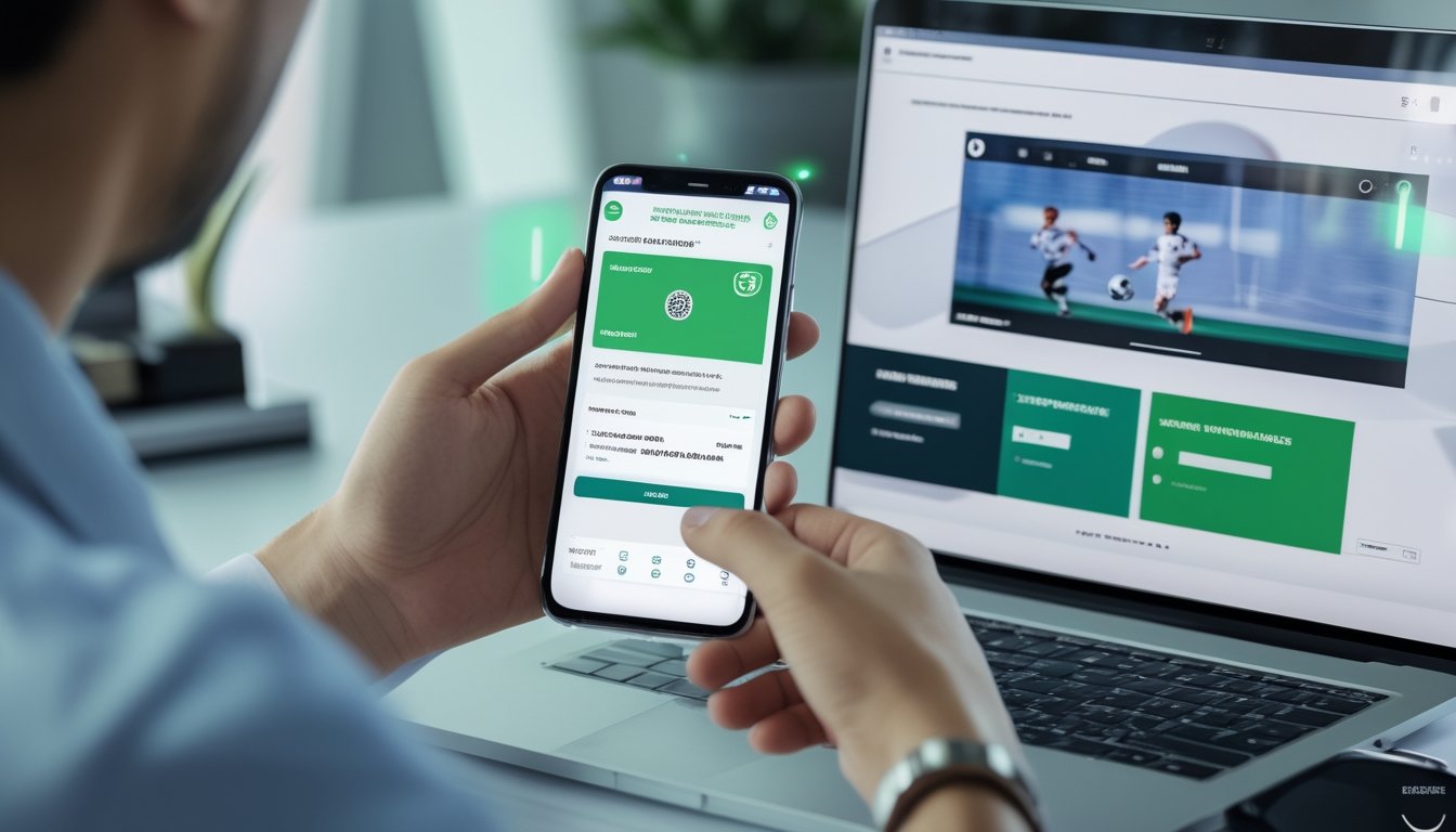 Seseorang menggunakan ponsel untuk melakukan pembayaran digital melalui kode QR di samping laptop dengan tampilan analisis pertandingan sepak bola.