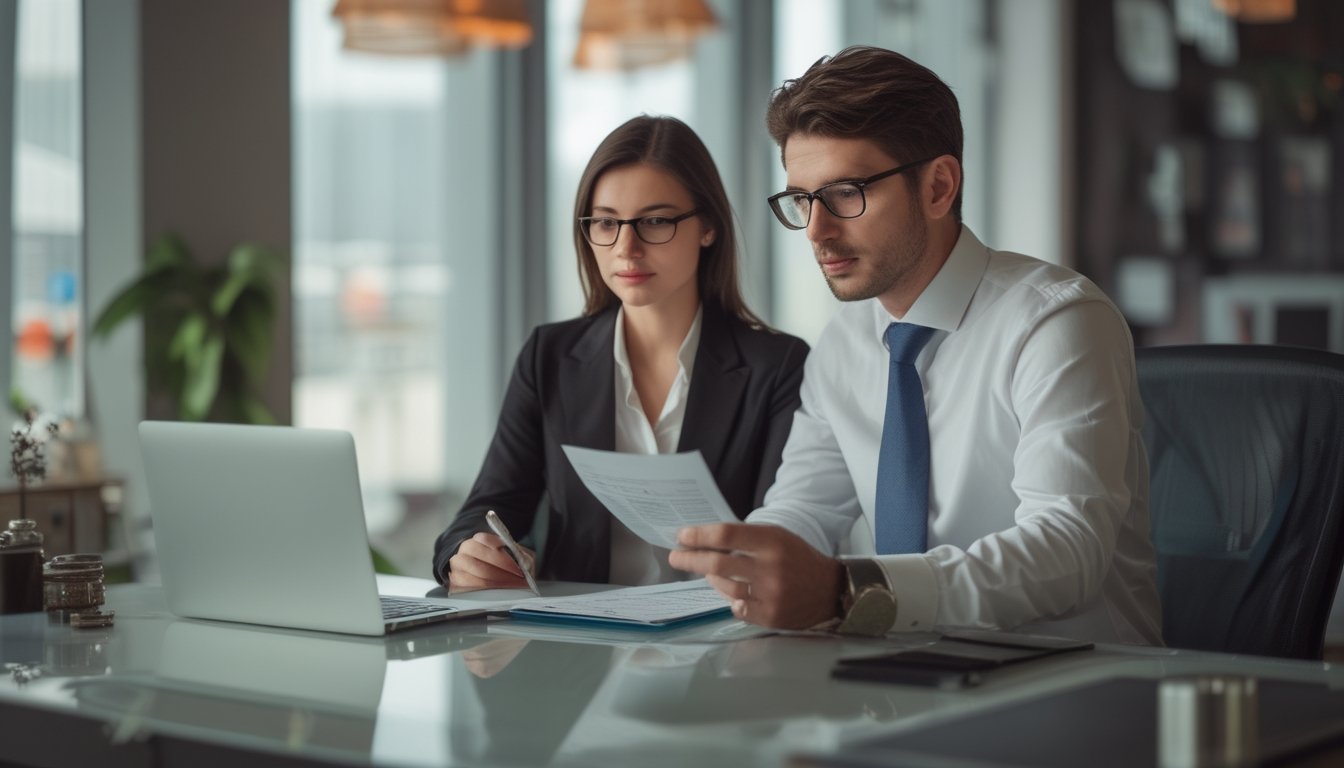 Konsultan kepatuhan memeriksa dokumen legal dan laporan transparansi di kantor modern.