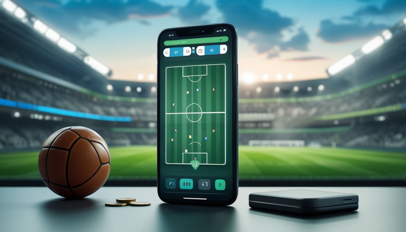 Ponsel dengan tampilan pertandingan sepak bola abstrak berada di samping bola dan dompet, dengan stadion bercahaya di latar belakang.