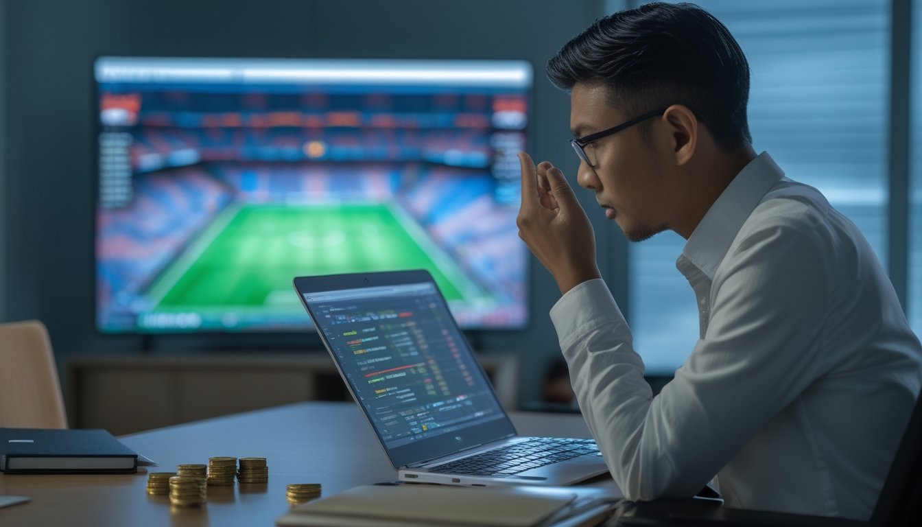 Seorang dewasa menganalisis pertandingan sepak bola di meja kerja dengan laptop, ponsel, catatan, dan sejumlah kecil koin rupiah.
