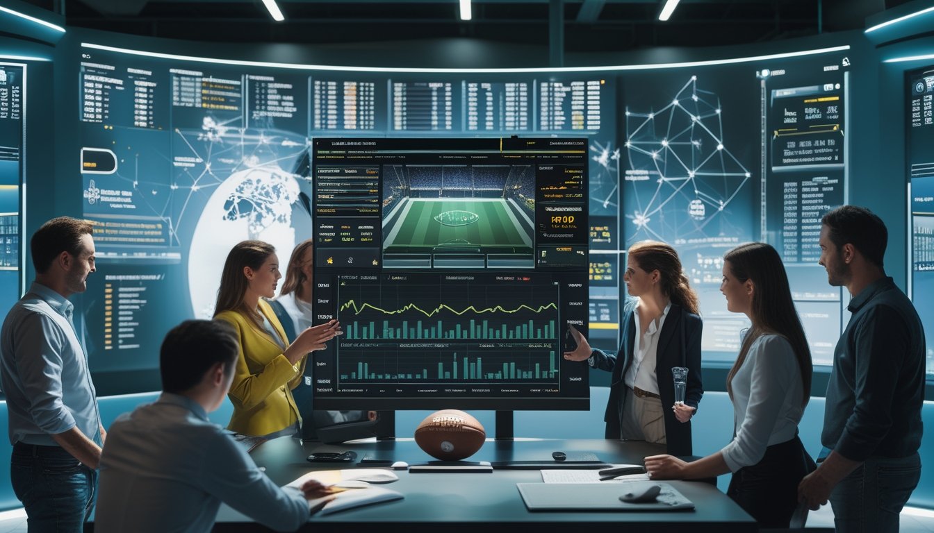 Sekelompok orang dewasa melihat analisis pertandingan sepak bola pada monitor di ruang kerja modern dengan simbol konektivitas global.