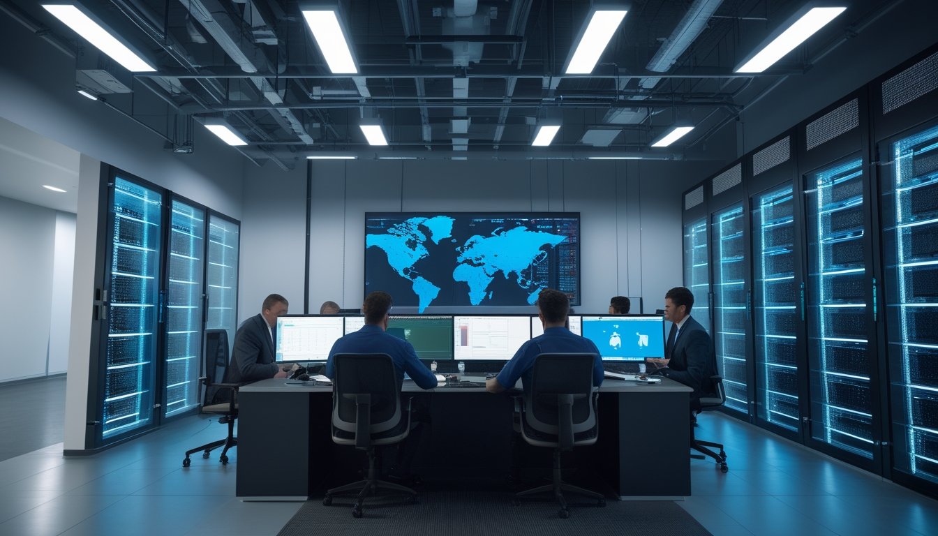 Ruang pusat data dengan deretan server dan tim teknologi yang memantau konektivitas jaringan global.