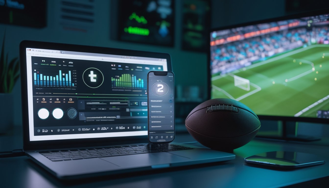 Laptop dan ponsel menampilkan antarmuka olahraga digital di samping bola sepak dalam ruang kerja modern.