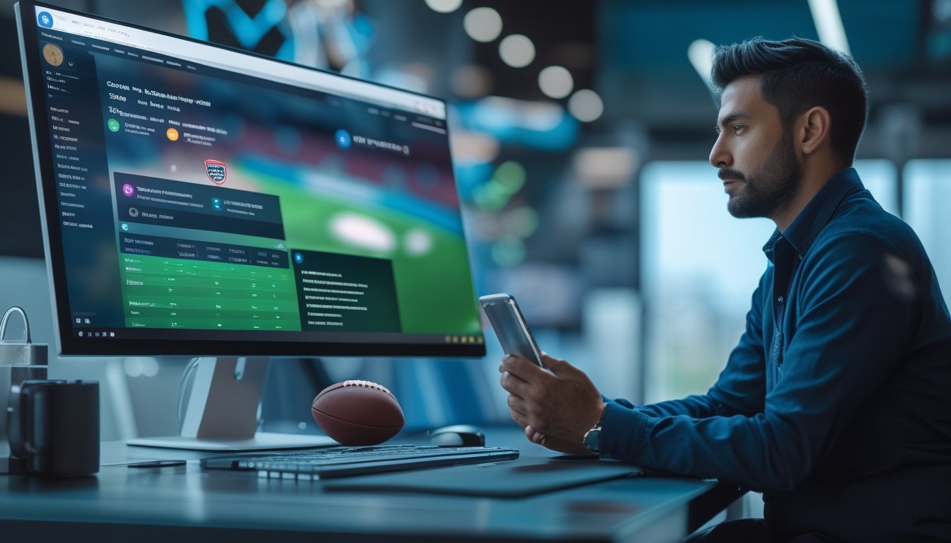 Pengguna dewasa memeriksa analisis pertandingan sepak bola pada perangkat digital di ruang kerja modern.