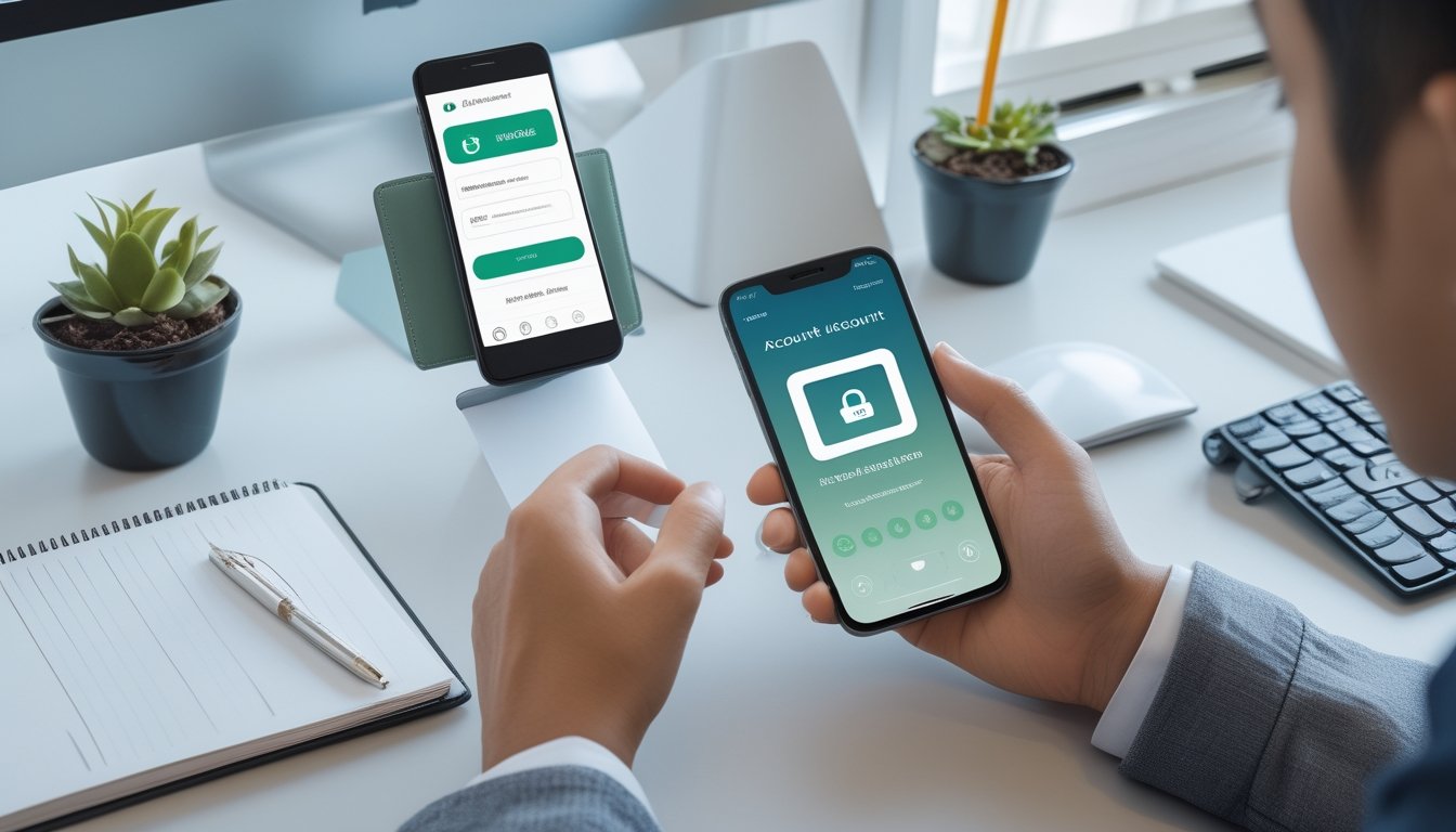 Seseorang menyiapkan ponsel dan dompet digital di meja kerja untuk membuat akun.