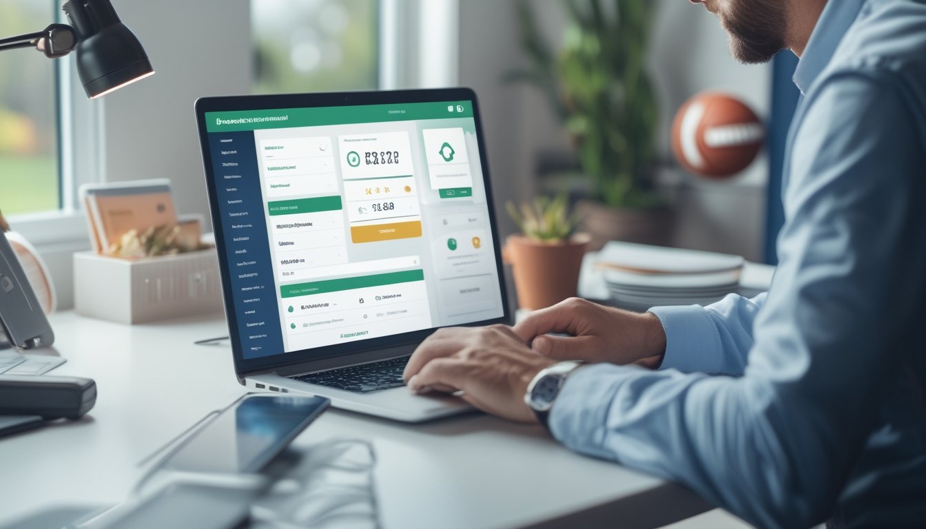 Seseorang menyiapkan akun dan metode pembayaran untuk penarikan dana yang aman menggunakan laptop dan ponsel, dengan simbol keamanan dan unsur sepak bola di latar.